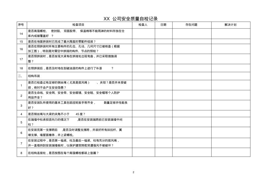 钢结构制作质量检查记录
